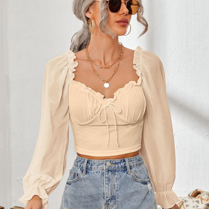 Mesh Sweetheart Neck Flounce Sleeve Top