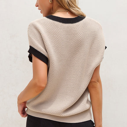 Contrast Trim Round Neck Cap Sleeve Knit Top