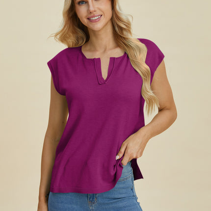 Double Take Full Size Notched Cap Sleeve Knit Top