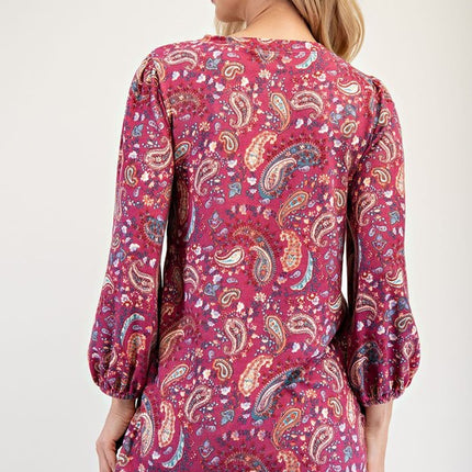 Celeste Full Size Paisley Round Neck Balloon Sleeve Top