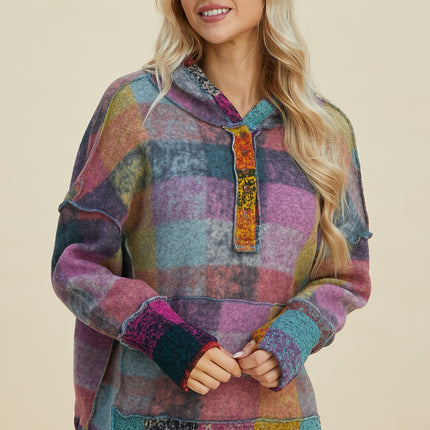 Double Take Full Size Plaid Dropped Shoulder Fleece Hoodie