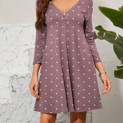 Polka Dot Quarter Zip Long Sleeve Dress