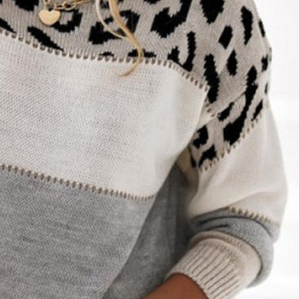 Leopard Color Block Round Neck Long Sleeve Sweater