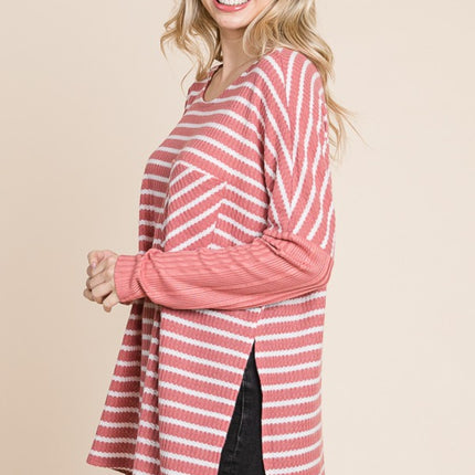 Culture Code Oversize Striped Round Neck Long Sleeve Slit T-Shirt