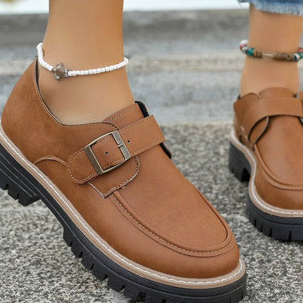 PU Leather Round Toe Buckle Loafers