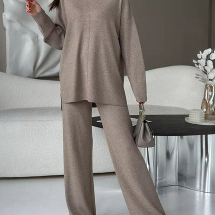 Slit Mock Neck Top and Pants Sweater Set