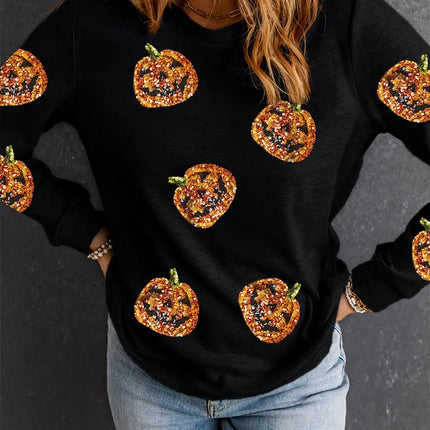 Sequin Pumpkin Round Neck Long Sleeve Top