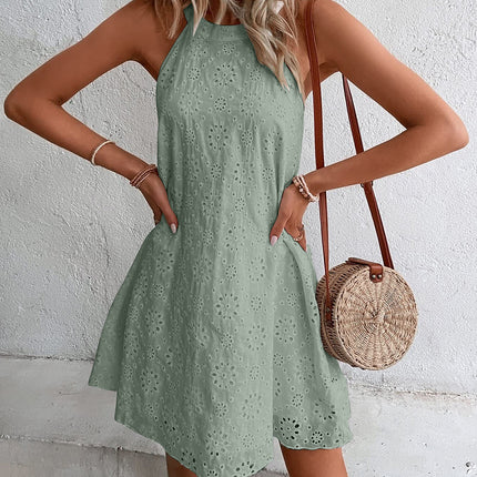 Eyelet Grecian Neck Mini Dress