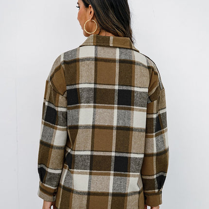 Shiny Plaid Button Up Collared Neck Jacket