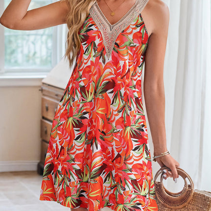 Lace Detail Printed V-Neck Sleeveless Dress