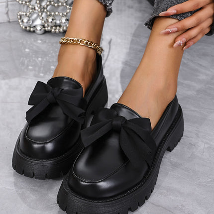 Bow PU Leather Round Toe Loafers