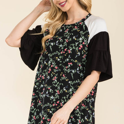 Celeste Full Size Floral Contrast Bell Sleeve Top