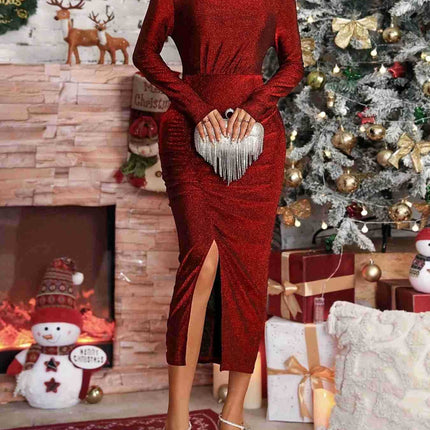 Slit Ruched Mock Neck Long Sleeve Dress