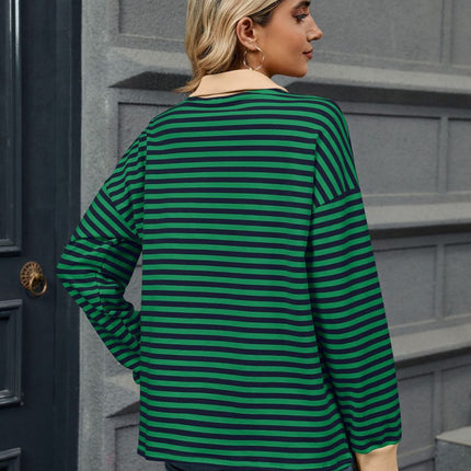 Striped Johnny Collar Long Sleeve Sweatshirt