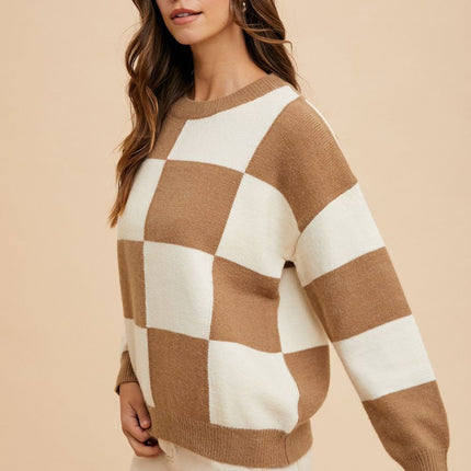 Annie Wear Checkered Round Neck Dropped Shoulder Sweater