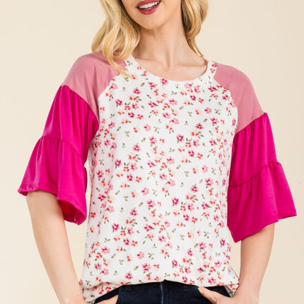 Celeste Full Size Floral Contrast Bell Sleeve Top