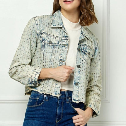 Veveret Multi Color Stripe Rhinestone Raw Hem Denim Jacket