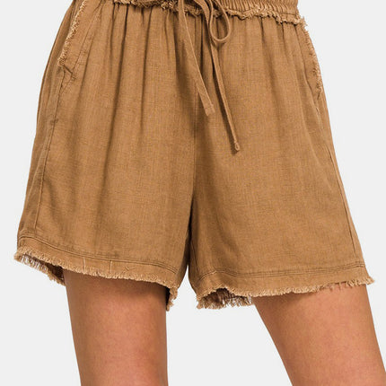 Zenana Washed Linen Frayed Hem Drawstring Shorts