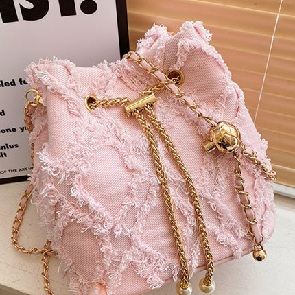 Chain Drawstring Raw Edge Denim Bucket Bag