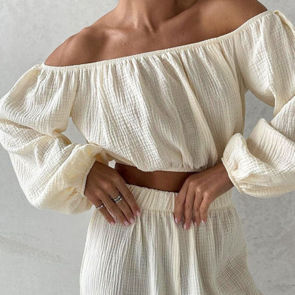 Off Shoulder Long Sleeve Top and Pants Set