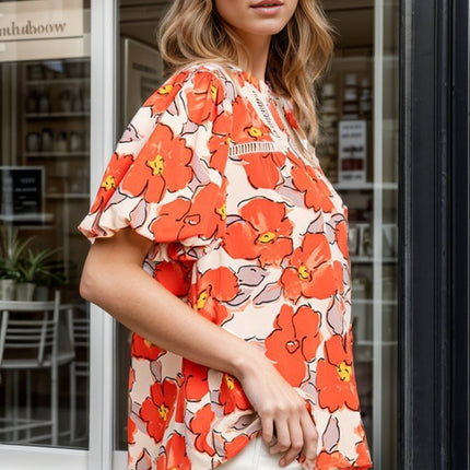 Printed Round Neck Short Sleeve Blouse