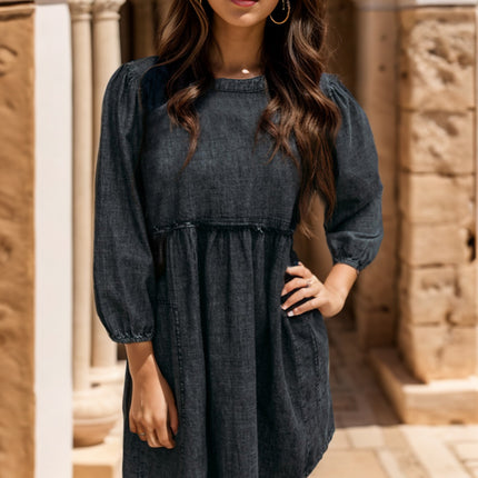 Round Neck Balloon Sleeve Mini Denim Dress