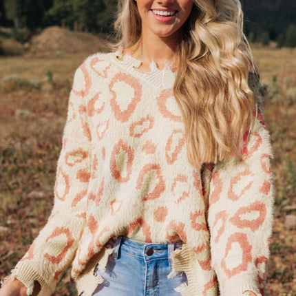 Distressed Trim Leopard V-Neck Sweater