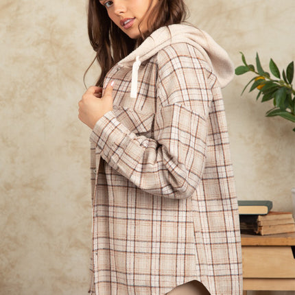 Drawstring Plaid Long Sleeve Hooded Jacket