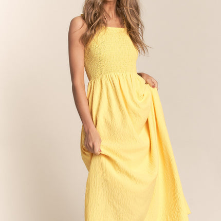 J.NNA Texture Crisscross Back Tie Smocked Maxi Dress