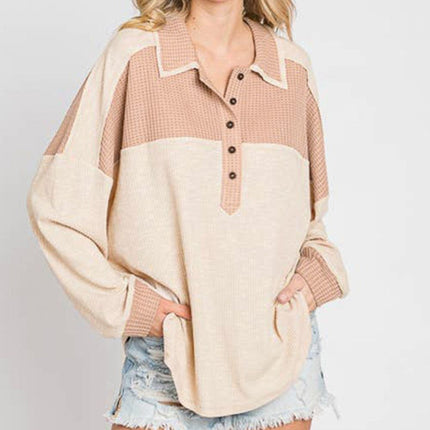 Waffle-Knit Color Block Half Button Long Sleeve Top