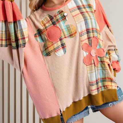 Slit Plaid Round Neck Long Sleeve Sweatshirt