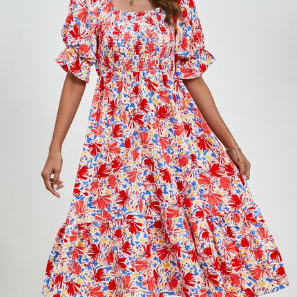 Smocked Floral Square Neck Short Sleeve Dress