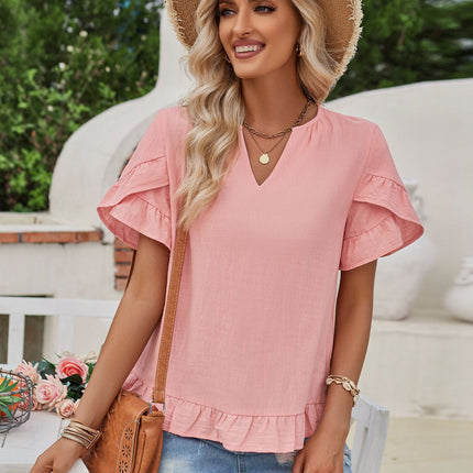 Ruffled Notched Petal Sleeve Blouse