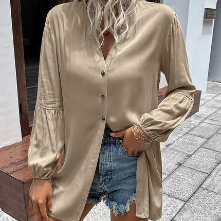 Double Take Notched Neck Balloon Sleeve Shirt