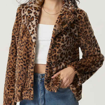 Fuzzy Leopard Collared Neck Jacket