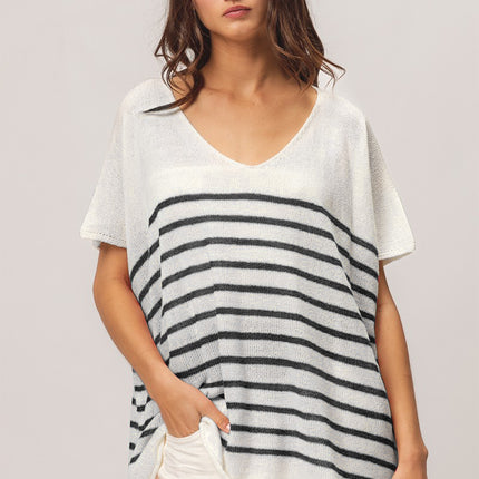 BiBi V Neck Striped Short Sleeve Top