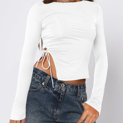 Tied Slit Round Neck Long Sleeve T-Shirt