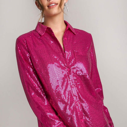 Umgee Sequin Long Sleeve Shirt with Side Chest Pocket