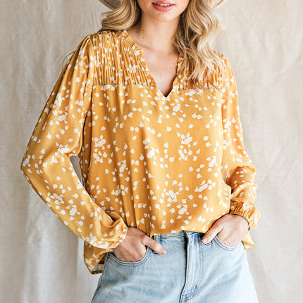 Double Take Printed Notched Neck Smocked Blouse