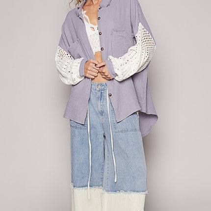 POL Openwork Lantern Sleeve Button Down Gauze Shirt