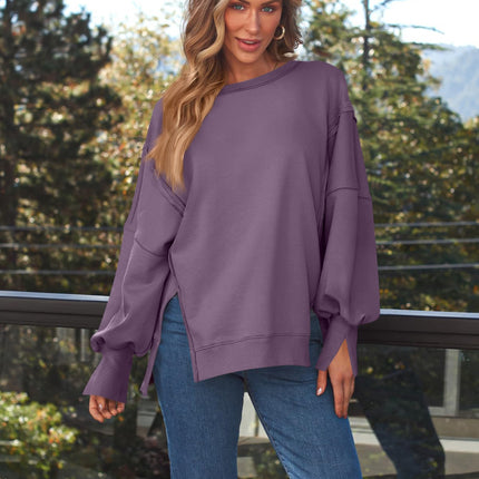 Slit Round Neck Long Sleeve Sweatshirt - Vickie Lynn's