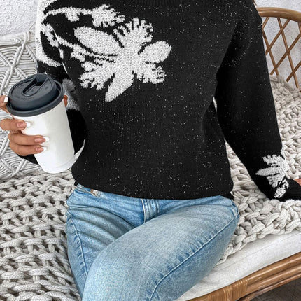 Perfee Flower Mock Neck Long Sleeve Sweater