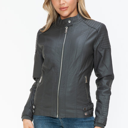 Snobbish Faux Leather Biker Jacket with Side Zip Pockets