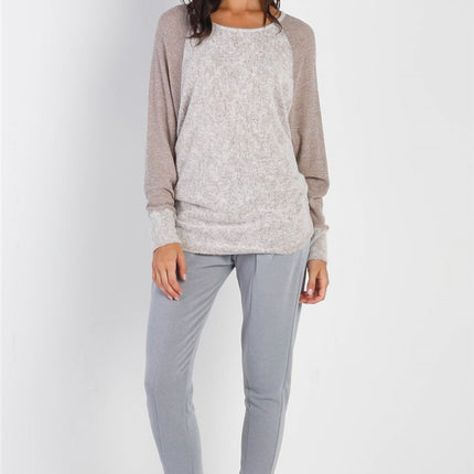 Cherish Apparel Round Neck Long Sleeve Contrast Top