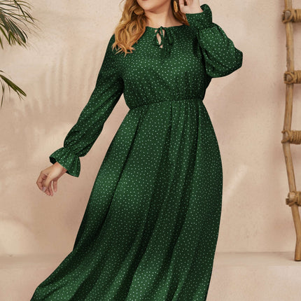 Plus Size Ruffled Polka Dot Long Sleeve Midi Dress