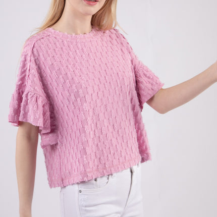 VERY J Full Size Texture Ruffle Short Sleeve Top