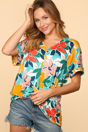 Haptics Printed V-Neck Short Sleeve Top