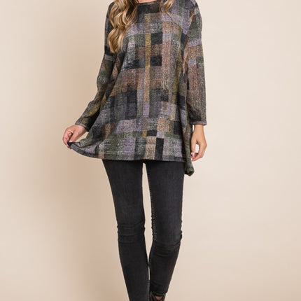 BOMBOM Plaid Round Neck Long Sleeve Top