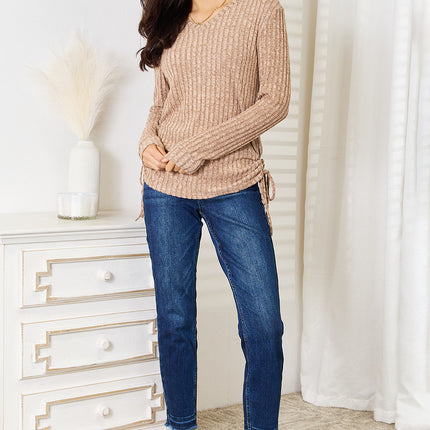 Double Take Drawstring Ribbed Long Sleeve T-Shirt