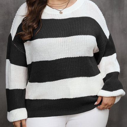 Plus Size Striped Round Neck Long Sleeve Sweater